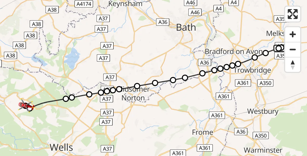 Flight route Air Ambulance Helicopter Wiltshire Air Ambulance - Cheddar, 31 May 2026, 11:30