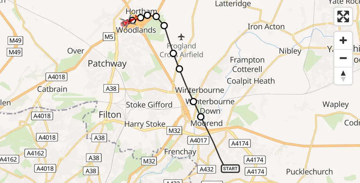 Flight route Air Ambulance Helicopter Bristol - Almondsbury Helicopter Base, 31 May 2026, 11:38
