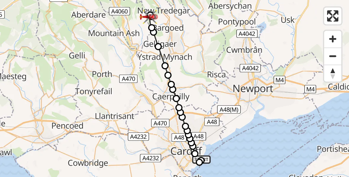 Flight route Air Ambulance Helicopter Cardiff Heliport - Deri, 31 May 2026, 11:39