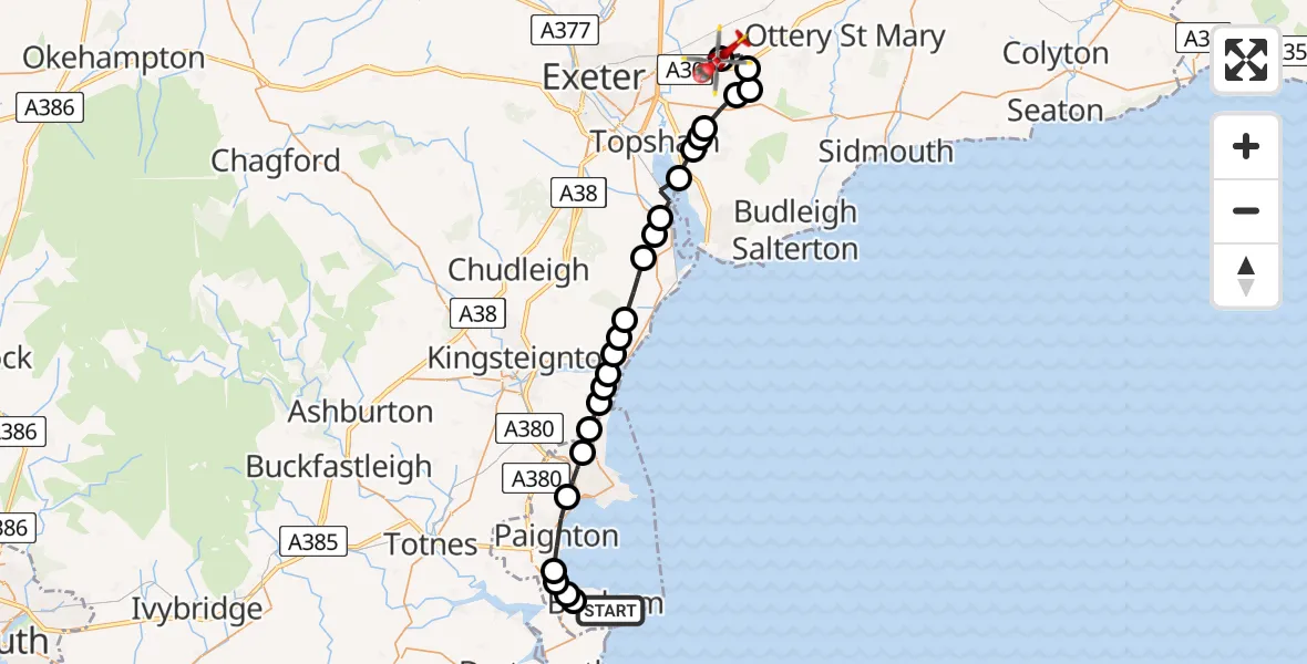 Flight route Air Ambulance Helicopter Brixham - Exeter International Airport, 31 May 2026, 11:41