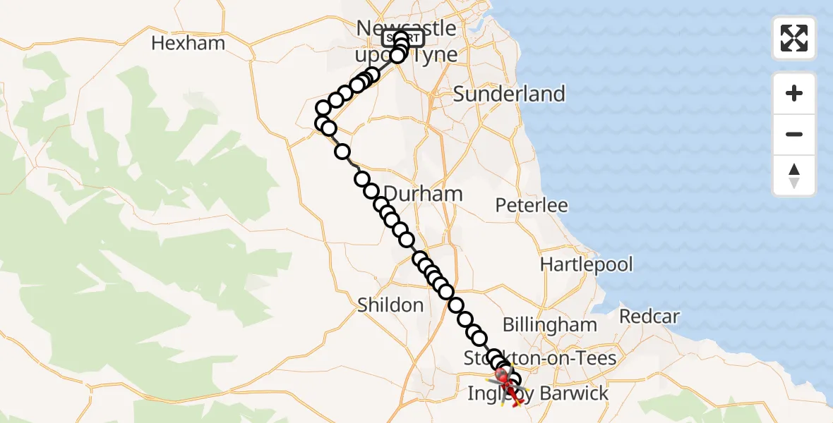 Flight route Air Ambulance Helicopter Newcastle Royal Victoria Infirmary - Egglescliffe, 31 May 2026, 11:51