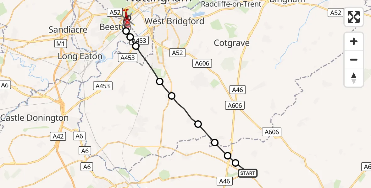 Flight route Air Ambulance Helicopter Melton - Beeston, 31 May 2026, 11:54
