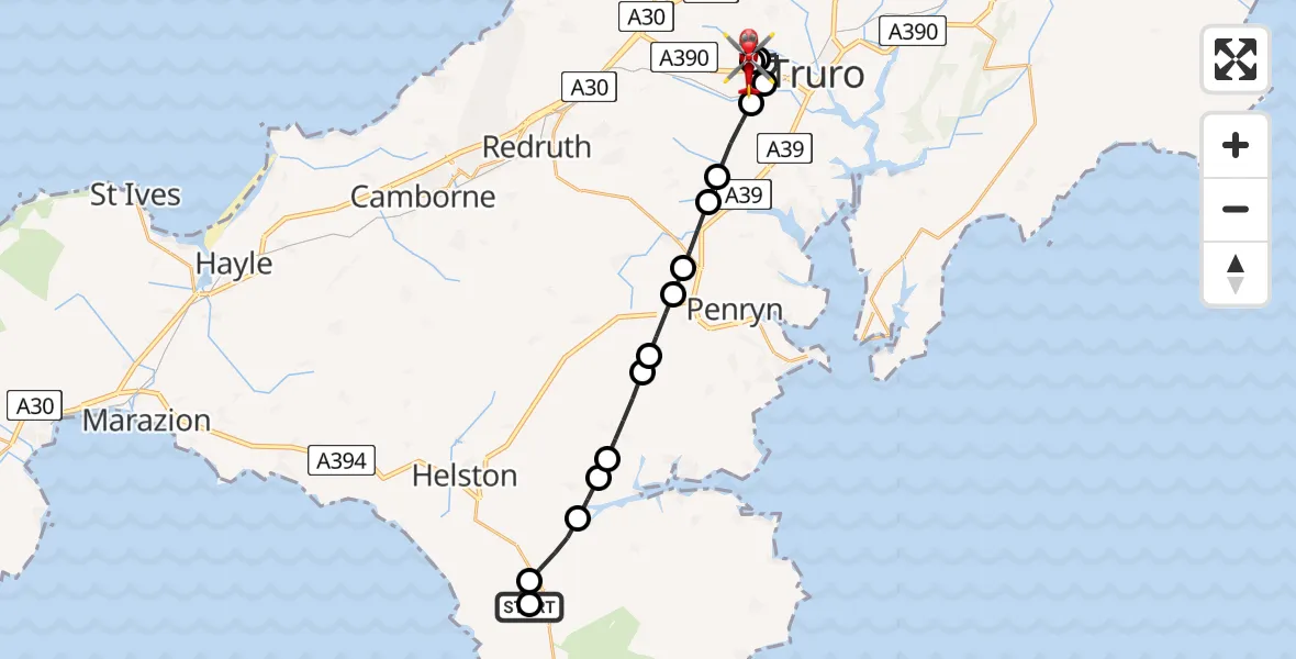 Flight route Air Ambulance Helicopter White Cross - Treliske Hospital, 31 May 2026, 11:55