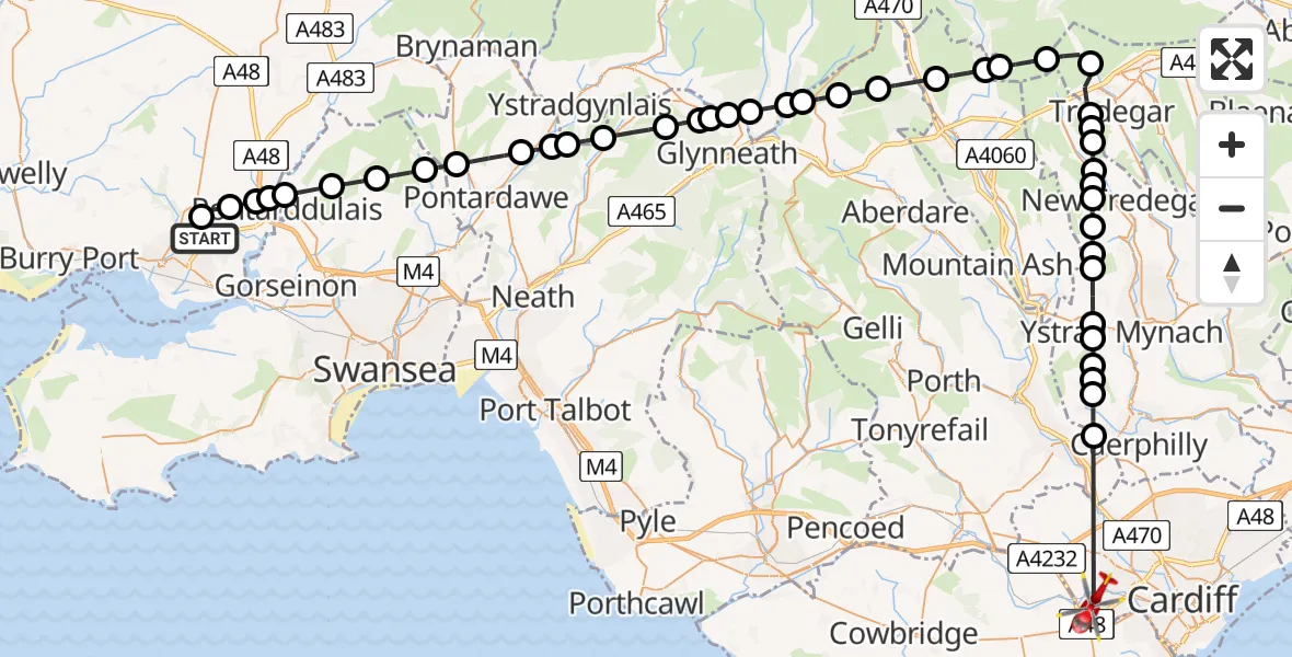 Flight route Air Ambulance Helicopter Dafen - St. Fagans, 31 May 2026, 11:57