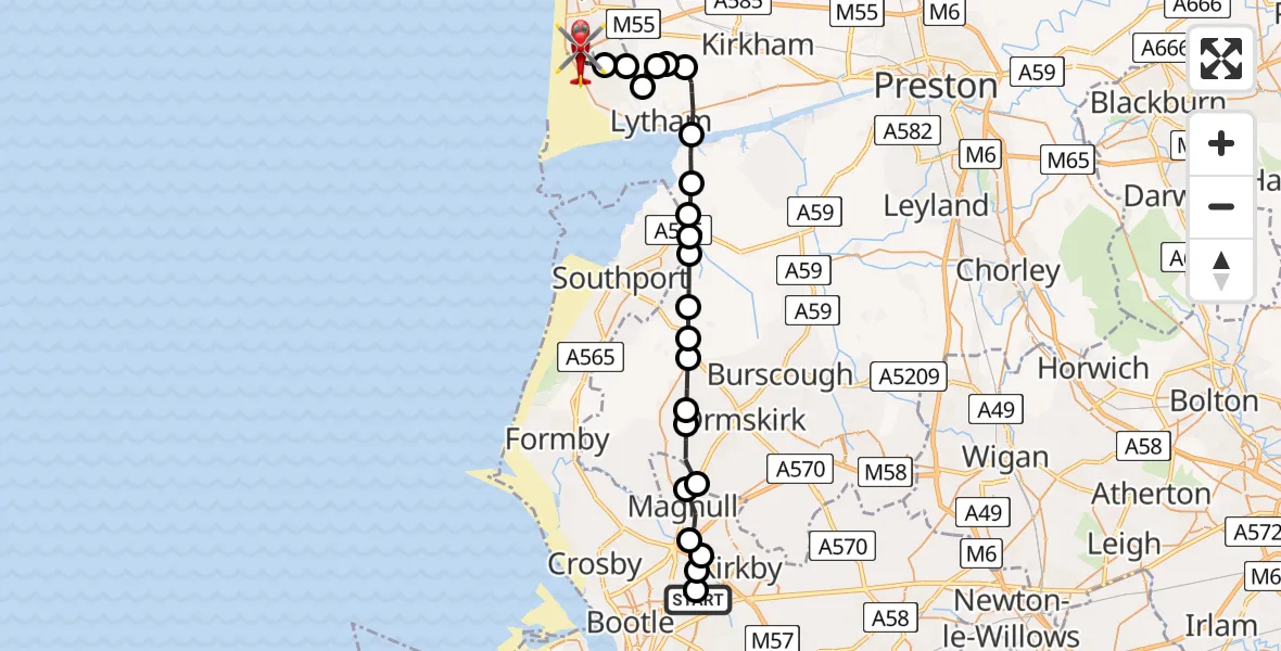 Flight route Air Ambulance Helicopter Aintree University Hospital Heliport - Blackpool Airport, 31 May 2026, 11:58