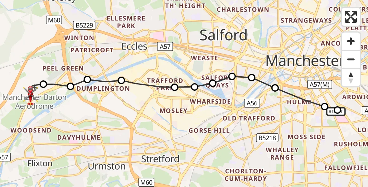 Flight route Air Ambulance Helicopter Ardwick - Manchester Barton Aerodrome, 31 May 2026, 12:02