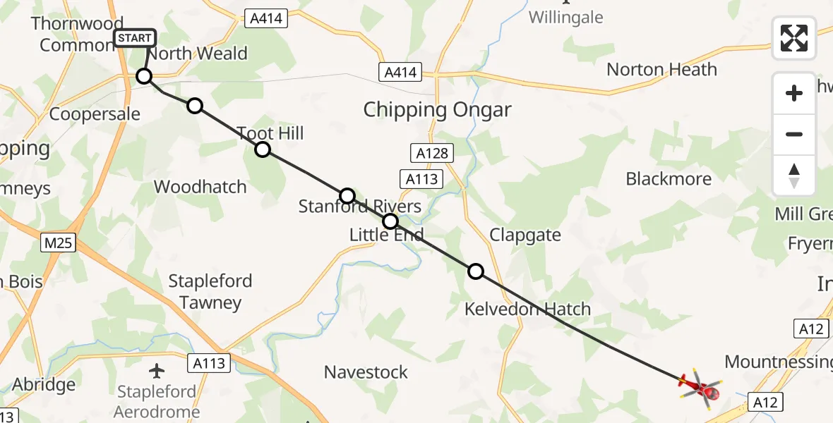 Flight route Air Ambulance Helicopter North Weald Airfield - Brentwood, 31 May 2026, 12:14