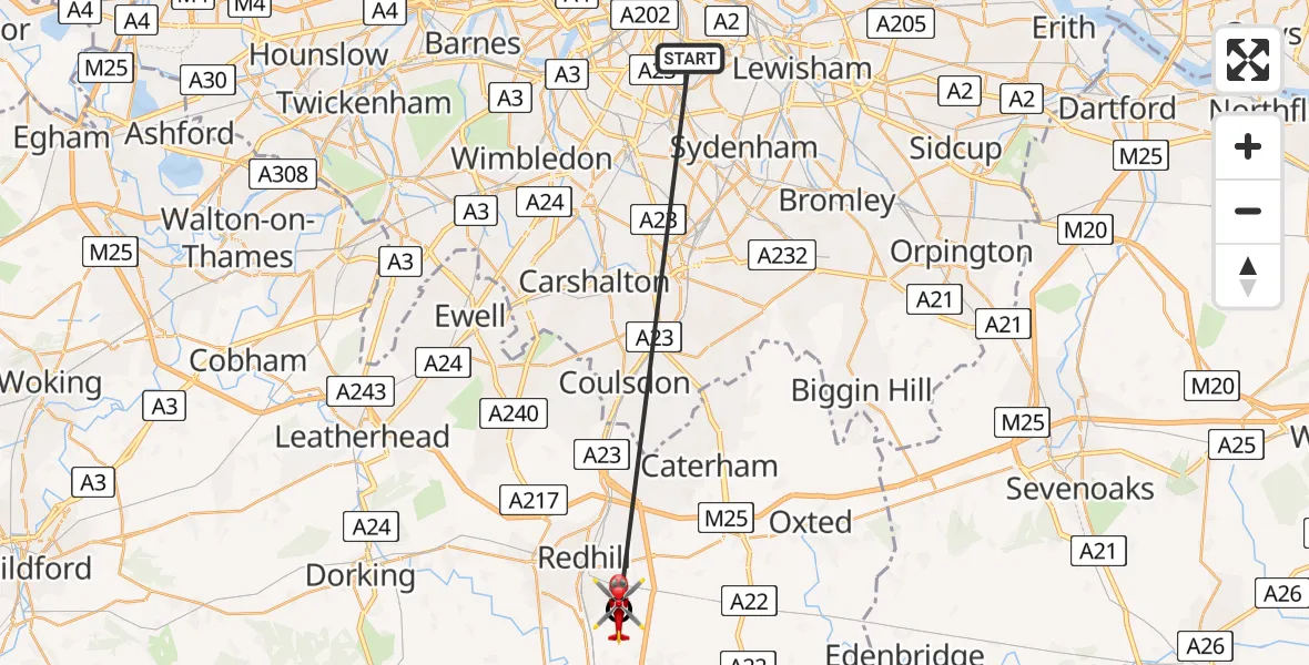 Flight route Air Ambulance Helicopter Kings College London Hospital - Redhill Aerodrome, 31 May 2026, 12:17