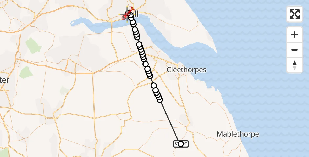 Flight route Air Ambulance Helicopter Belchford - Hull Royal Infirmary, 31 May 2026, 12:19