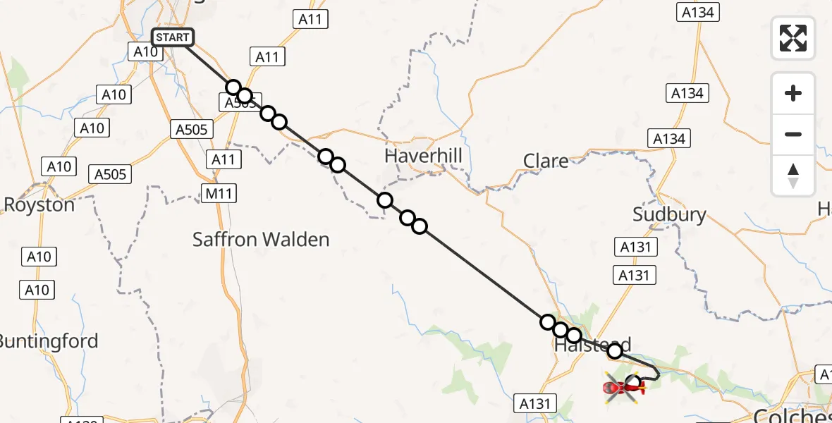 Flight route Air Ambulance Helicopter Papworth Hospital - Earls Colne Airfield, 31 May 2026, 12:19
