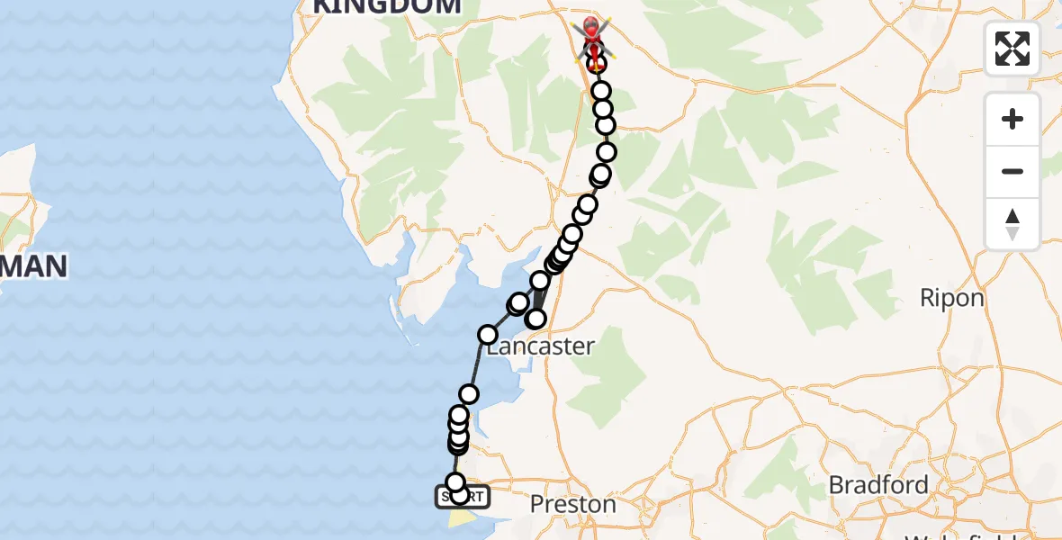 Flight route Air Ambulance Helicopter Blackpool Airport - Morland, 31 May 2026, 12:24