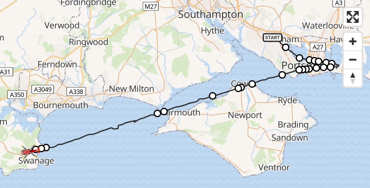 Flight route Air Ambulance Helicopter Fareham - Swanage, 31 May 2026, 12:25