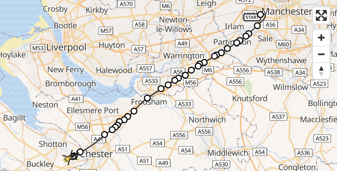 Flight route Police Helicopter Urmston - Hawarden Airport, 31 May 2026, 12:25