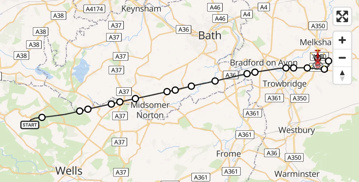 Flight route Air Ambulance Helicopter Cheddar - Wiltshire Air Ambulance, 31 May 2026, 12:36