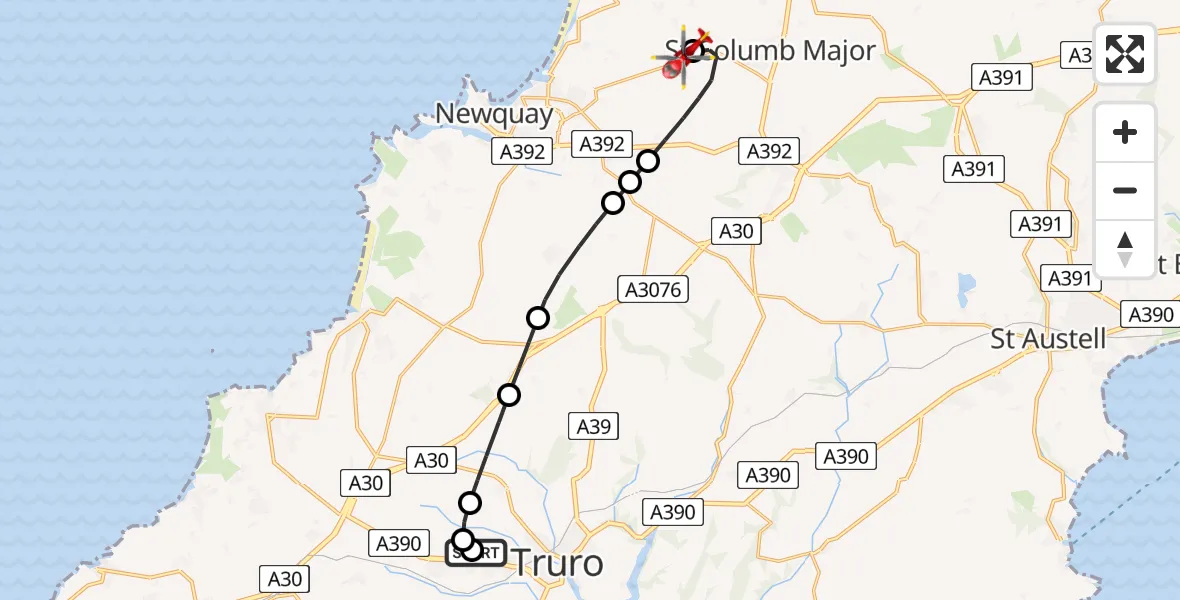Flight route Air Ambulance Helicopter Treliske Hospital - Cornwall Airport Newquay, 31 May 2026, 12:58