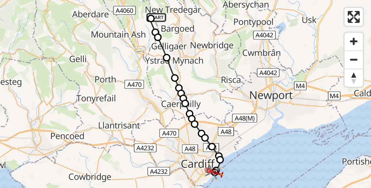 Flight route Air Ambulance Helicopter Deri - Cardiff Heliport, 31 May 2026, 13:05