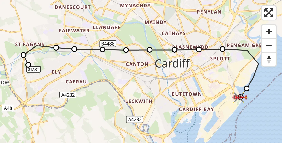 Flight route Air Ambulance Helicopter St Fagans - Cardiff Heliport, 31 May 2026, 13:08
