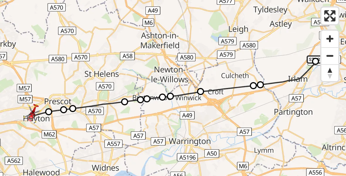 Flight route Air Ambulance Helicopter Manchester Barton Aerodrome - Huyton, 31 May 2026, 13:10