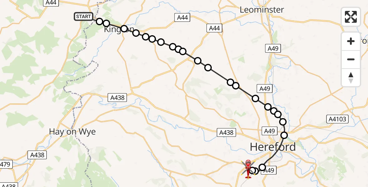 Flight route Air Ambulance Helicopter Old Radnor - Broadmeadow Farm Airstrip, 31 May 2026, 13:24