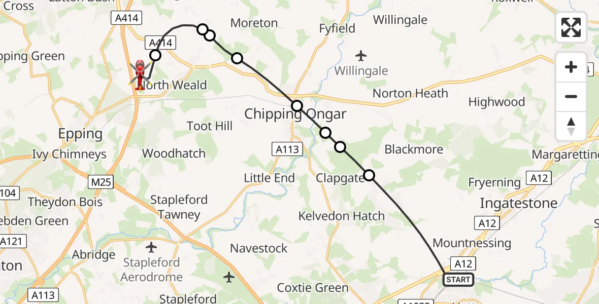 Flight route Air Ambulance Helicopter Brentwood - North Weald Airfield, 31 May 2026, 13:25