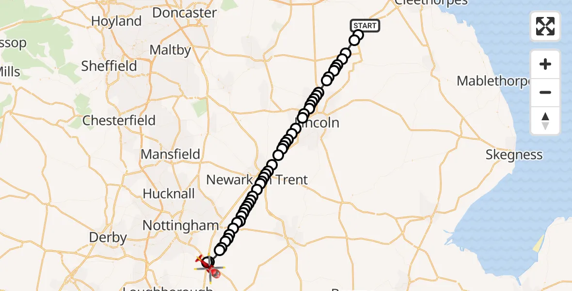 Flight route Air Ambulance Helicopter Caistor - Nottingham Heliport, 31 May 2026, 13:29