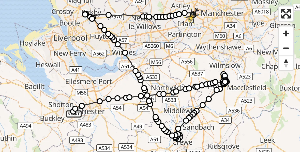 Flight route Police Helicopter Hawarden Airport - Manchester Barton Aerodrome, 31 May 2026, 13:34