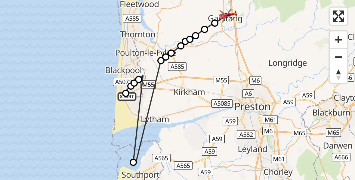 Flight route Air Ambulance Helicopter Blackpool Airport - Garstang, 31 May 2026, 13:45