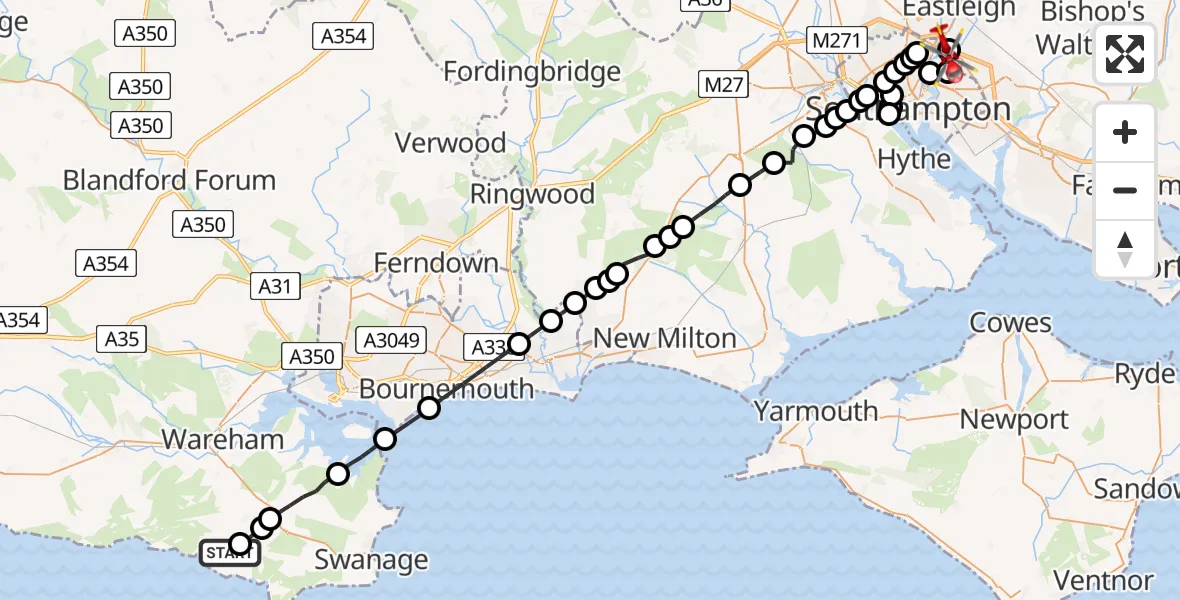 Flight route Air Ambulance Helicopter Kimmeridge - Mansbridge, 31 May 2026, 13:49