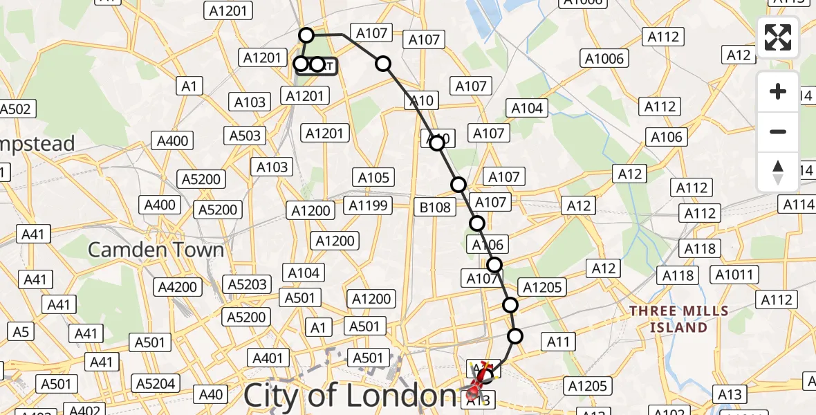 Flight route Air Ambulance Helicopter Stoke Newington - Royal London Hospital, 31 May 2026, 13:51