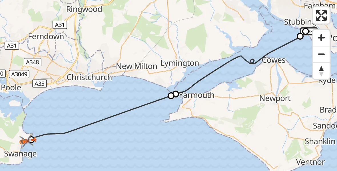 Flight route Coastguard Helicopter Solent Airport - Studland, 31 May 2026, 13:56