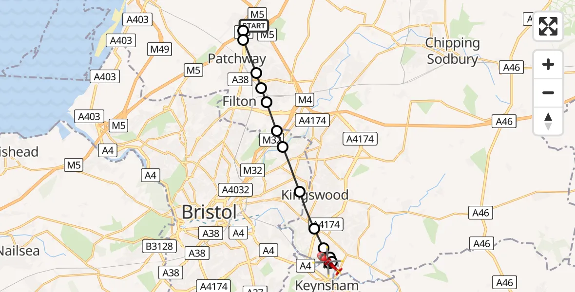 Flight route Air Ambulance Helicopter Almondsbury Helicopter Base - Keynsham, 31 May 2026, 14:10