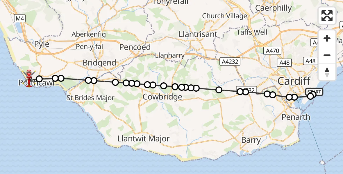 Flight route Air Ambulance Helicopter Cardiff Heliport - Porthcawl, 31 May 2026, 14:11