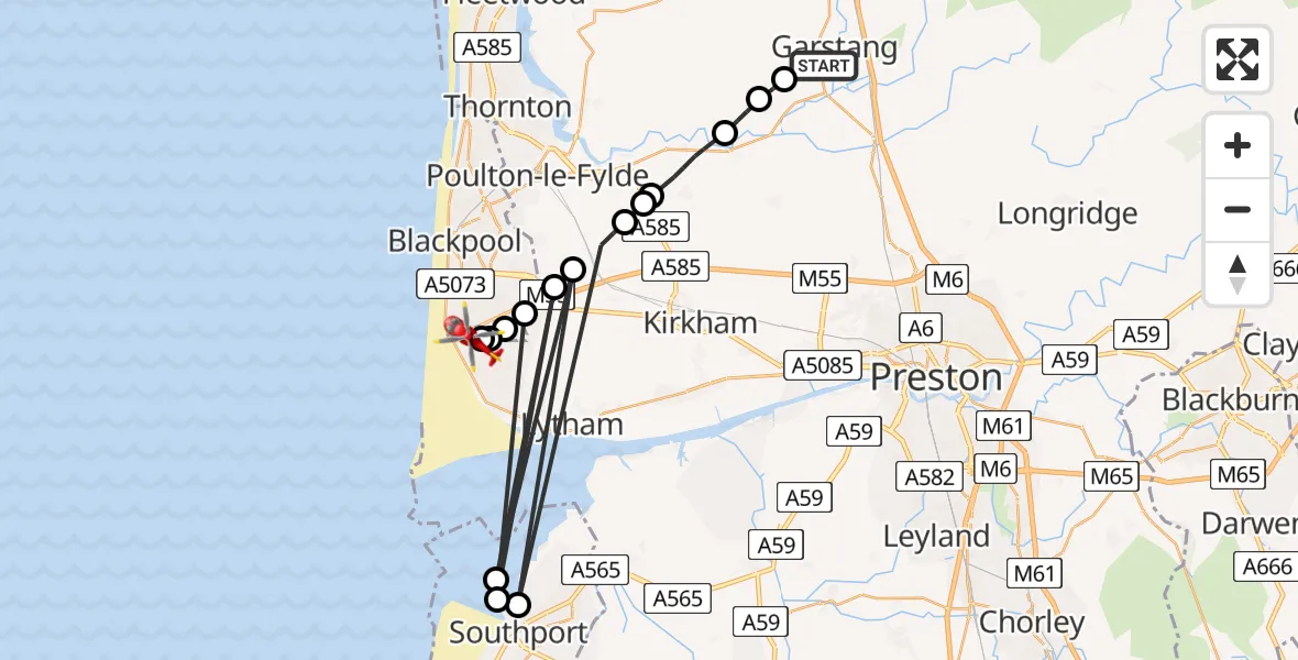 Flight route Air Ambulance Helicopter Garstang - Blackpool Airport, 31 May 2026, 14:31