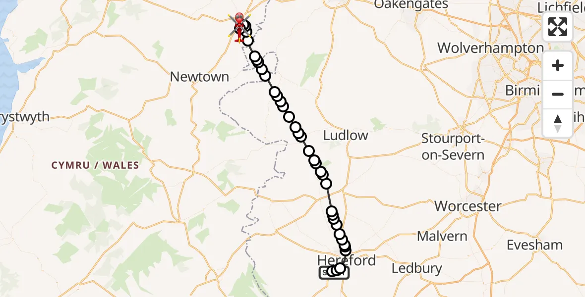 Flight route Air Ambulance Helicopter Broadmeadow Farm Airstrip - Welshpool Airport, 31 May 2026, 14:37