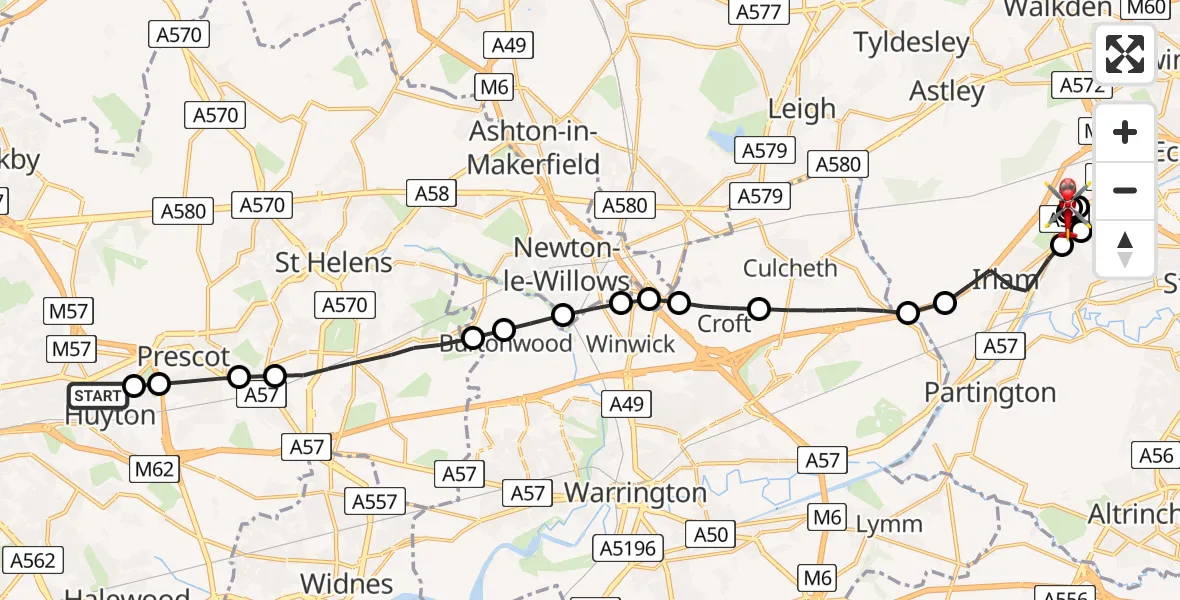 Flight route Air Ambulance Helicopter Huyton - Manchester Barton Aerodrome, 31 May 2026, 14:37
