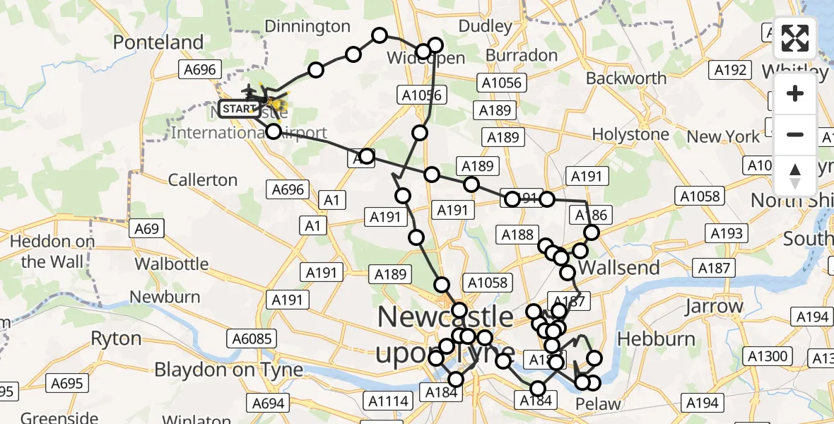 Flight route Police Helicopter Newcastle International Airport - Newcastle International Airport, 31 May 2026, 14:37