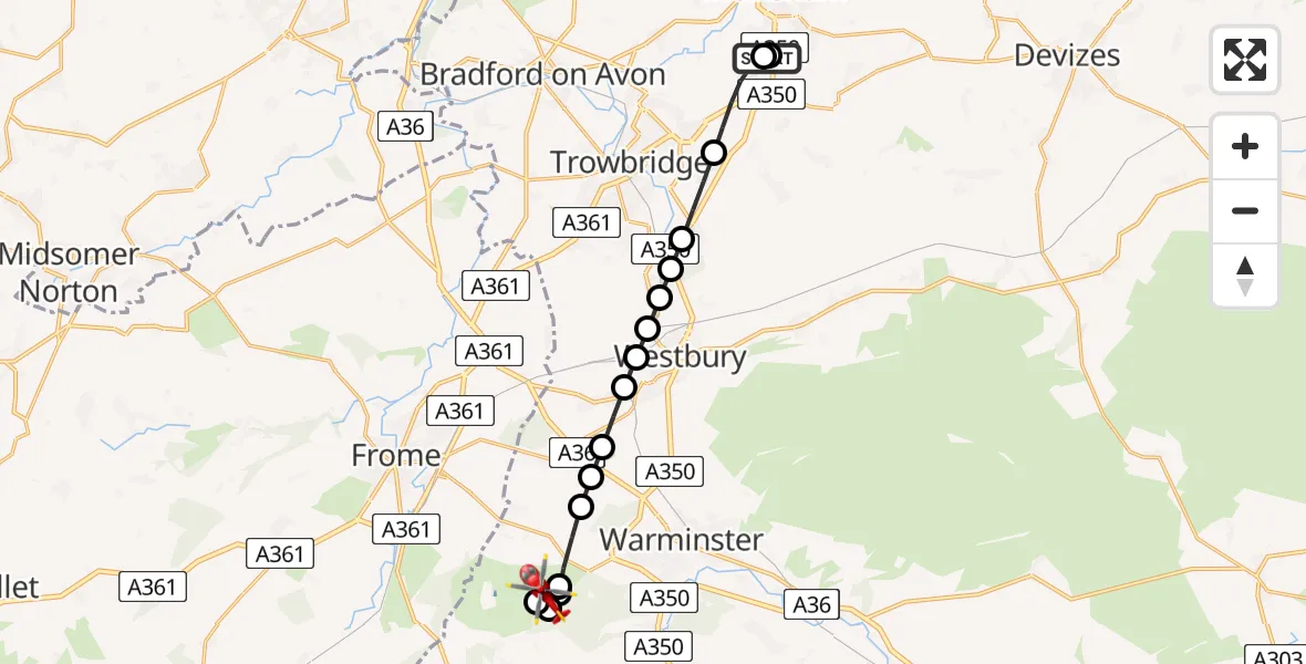 Flight route Air Ambulance Helicopter Wiltshire Air Ambulance - Longbridge Deverill, 31 May 2026, 14:46