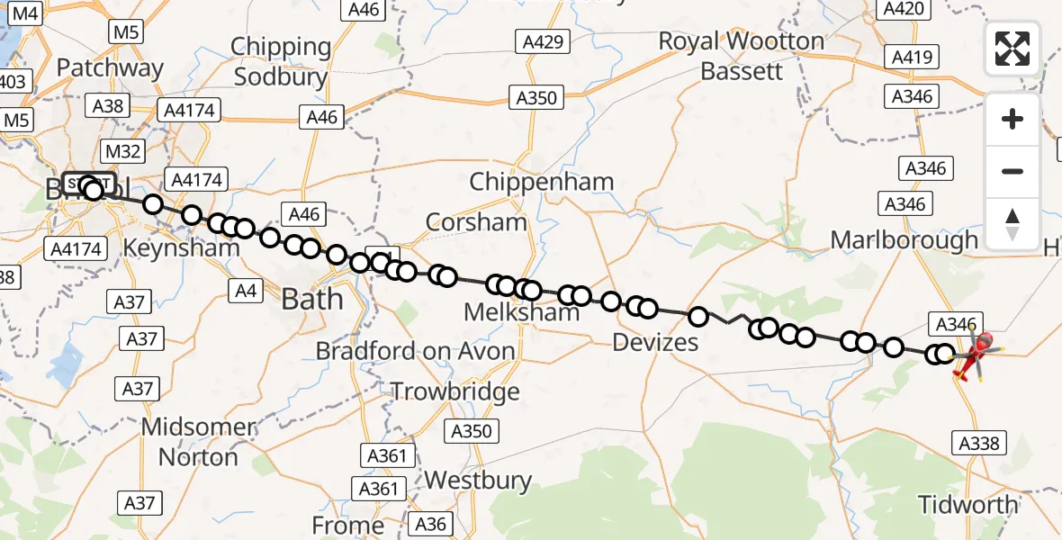 Flight route Air Ambulance Helicopter Bristol Royal Infirmary - Burbage, 31 May 2026, 14:57