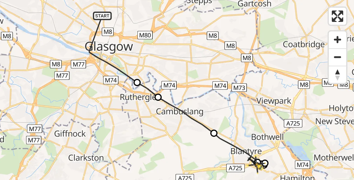 Flight route Police Helicopter Glasgow - Blantyre, 31 May 2026, 15:19