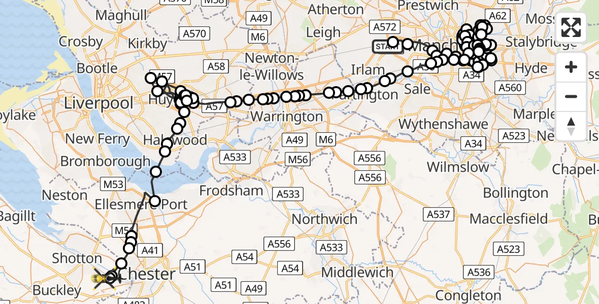 Flight route Police Helicopter Worsley - Hawarden Airport, 31 May 2026, 15:25