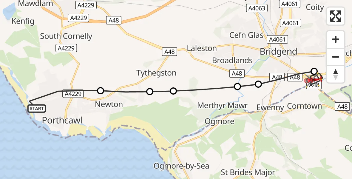 Flight route Air Ambulance Helicopter Porthcawl - Coychurch, 31 May 2026, 15:42