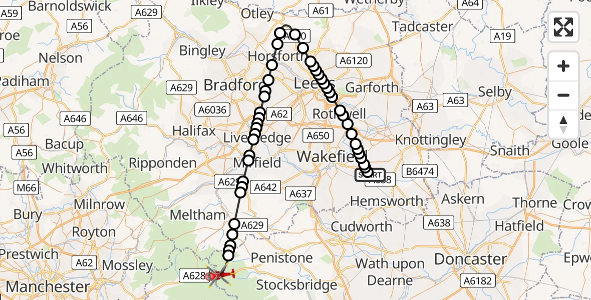 Flight route Air Ambulance Helicopter YAA Nostell Helicopter Port - Barnsley, 31 May 2026, 15:49