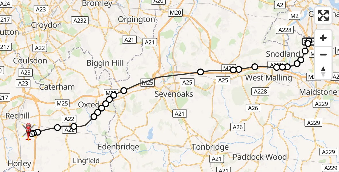 Flight route Air Ambulance Helicopter Rochester Airport - Redhill Aerodrome, 31 May 2026, 16:01