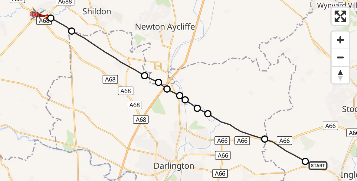 Flight route Air Ambulance Helicopter Egglescliffe - St Helen Auckland, 31 May 2026, 16:01