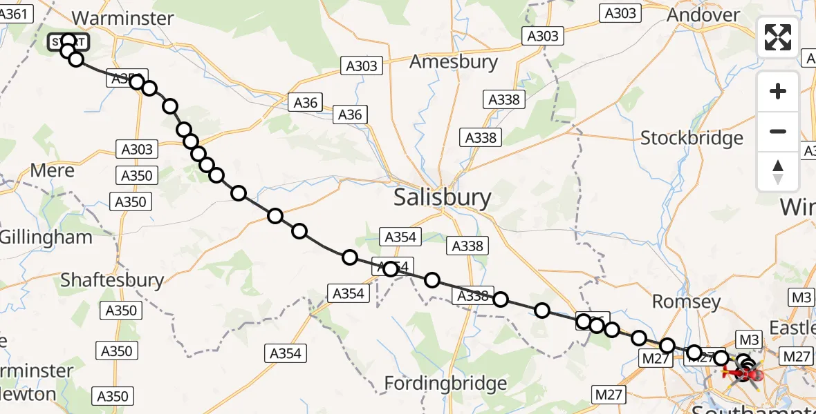 Flight route Air Ambulance Helicopter Corsley - University Hospital Southampton, 31 May 2026, 16:11