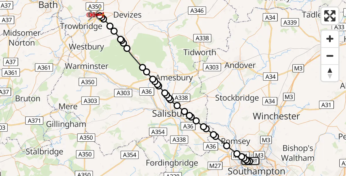 Flight route Air Ambulance Helicopter University Hospital Southampton - Wiltshire Air Ambulance, 31 May 2026, 16:50
