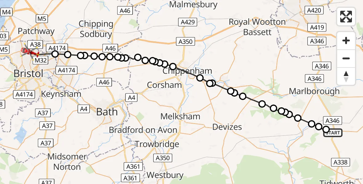 Flight route Air Ambulance Helicopter Burbage - Bristol, 31 May 2026, 16:54