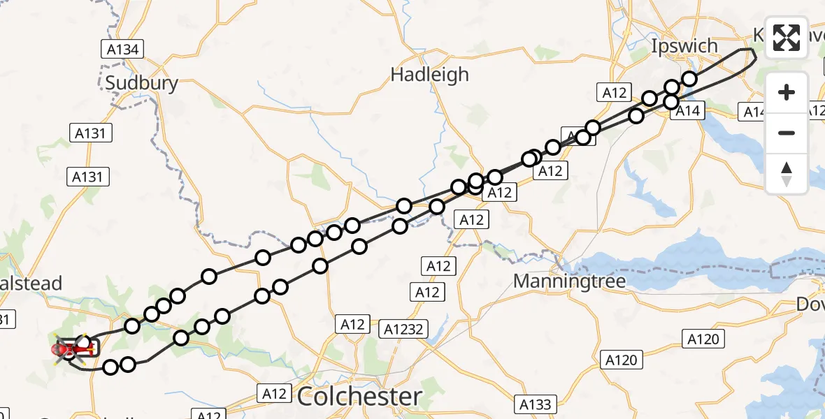 Flight route Air Ambulance Helicopter Earls Colne Airfield - Earls Colne Airfield, 31 May 2026, 17:04