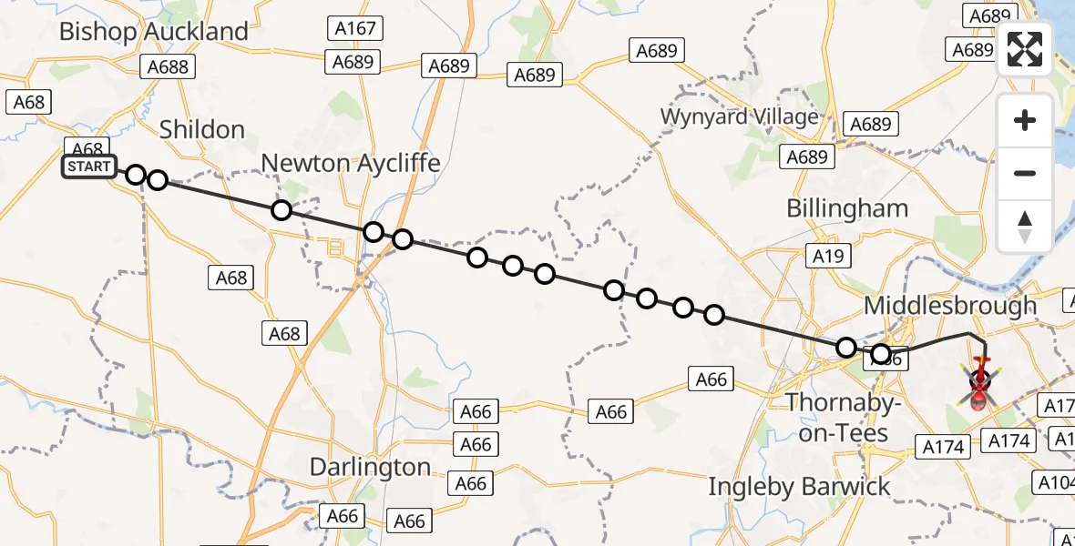 Flight route Air Ambulance Helicopter St Helen Auckland - James Cook University Hospital, 31 May 2026, 17:05
