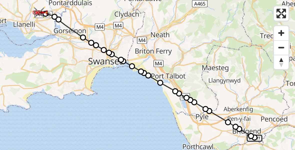 Flight route Air Ambulance Helicopter Bridgend - Dafen, 31 May 2026, 17:09